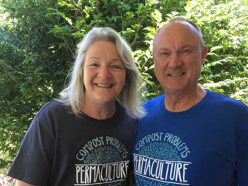 Meg and Graham wearing permaculture t-shirts